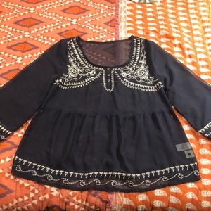 Maurice’s Sheer Navy Blue Blouse With White Embroidered Details